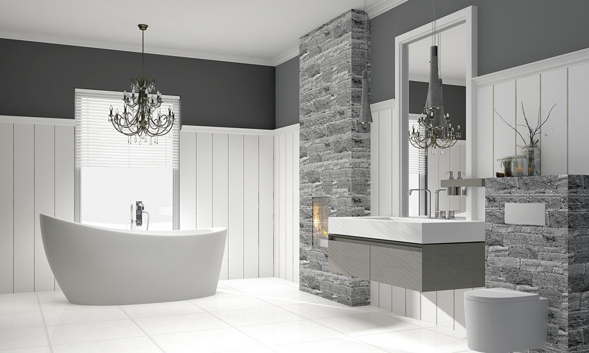 bagno moderno con vasca da bagno design e rivestimento effetto pietra, lavavo sospeso.