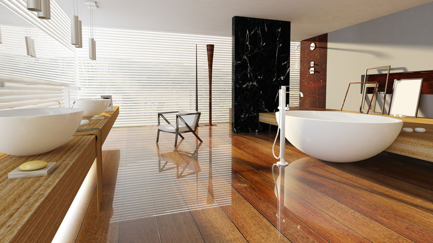 Bagno dal design moderno con top in legno e pavimento effetto legno, vasca design bianca.