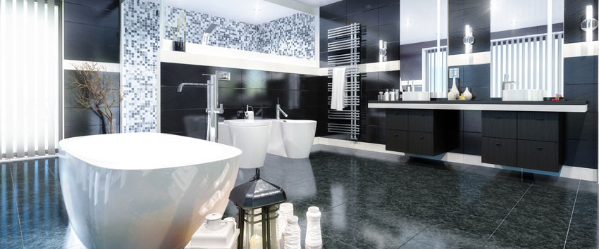 Bagno moderno con piastrelle e mobili di colore nero, piastrelle mosaico nella doccia. 