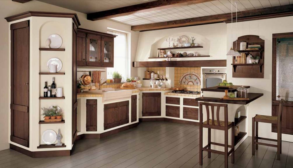 idee per una cucina stile provenzale con sportelli in legno scuro e pareti beige