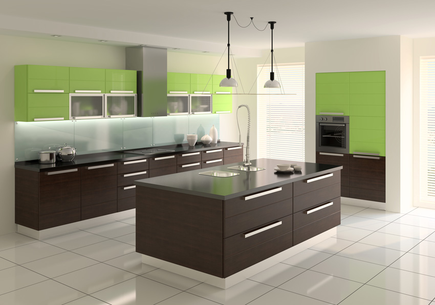 Cucina contemporanea color nera e verde con isola centrale.