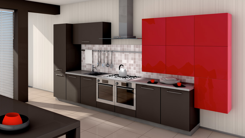 cucina dal design moderno rosso e nera, pensili a parete, paraschizzi mattonelle mosaico.