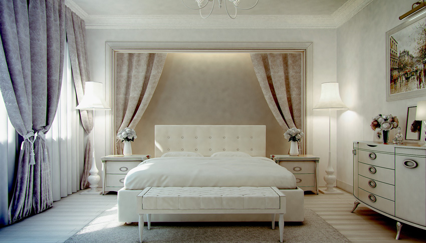 tende tortora per letto matrimoniale, ideale per la parete della testata.