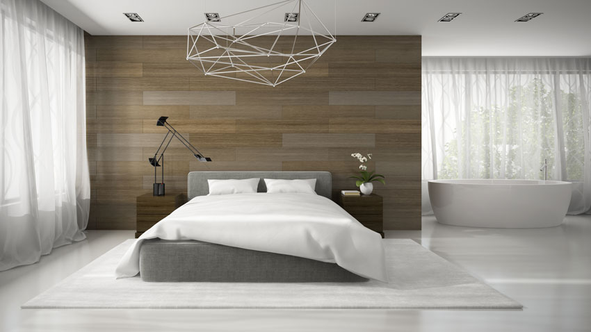 Camere da letto moderne, parete in legno e vasca design.