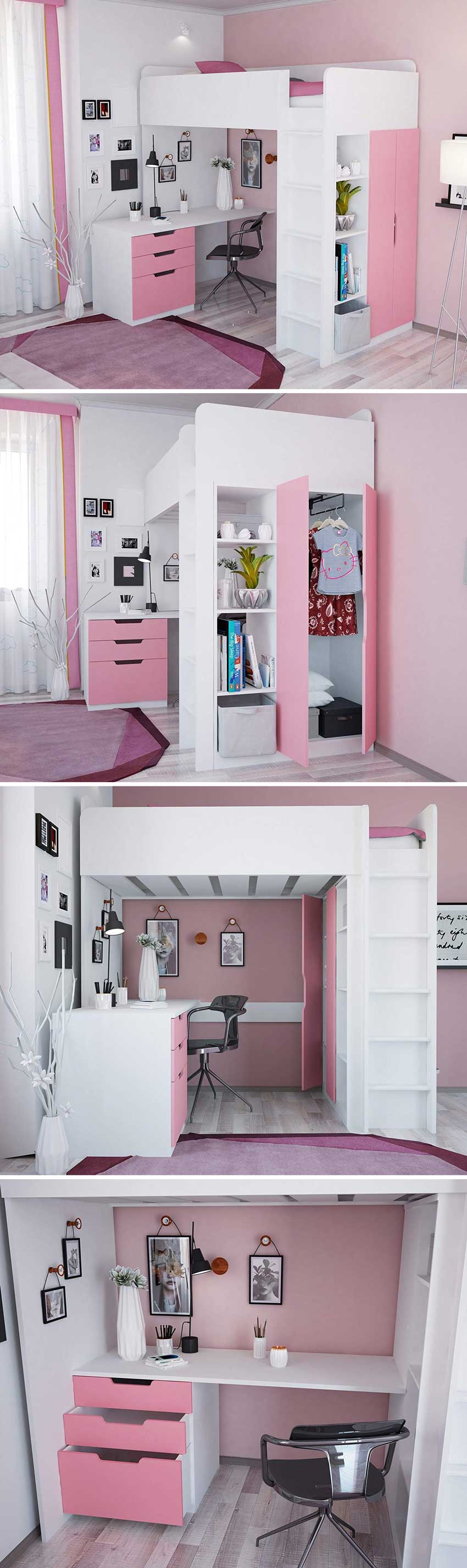 cameretta rosa a soppalco con armadio e scrivania sotto, ottima soluzione salvaspazio.