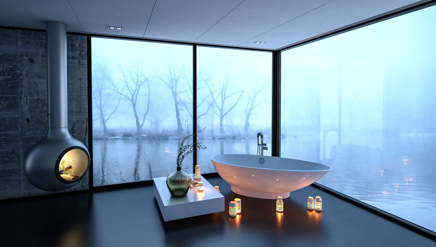 stufa sospesa molto design in questo bagno moderno.