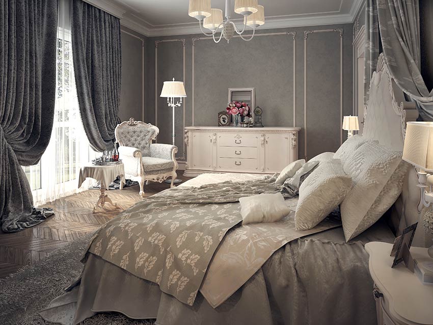 Stanza da letto stile shabby chic con grande tende magnifiche color grigio.