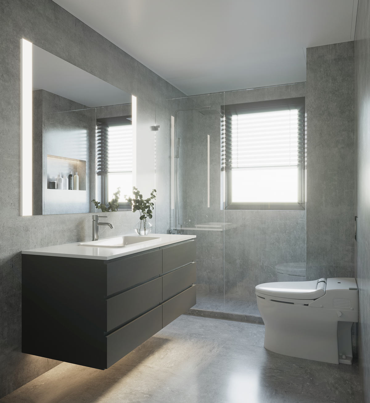 Piccolo bagno color grigio con mobile lavabo sospeso nero.