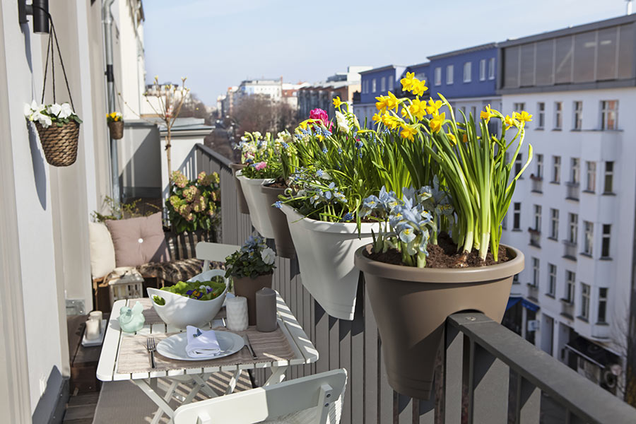 Vasi di fiori per balcone, tavolino stretto con colazione.