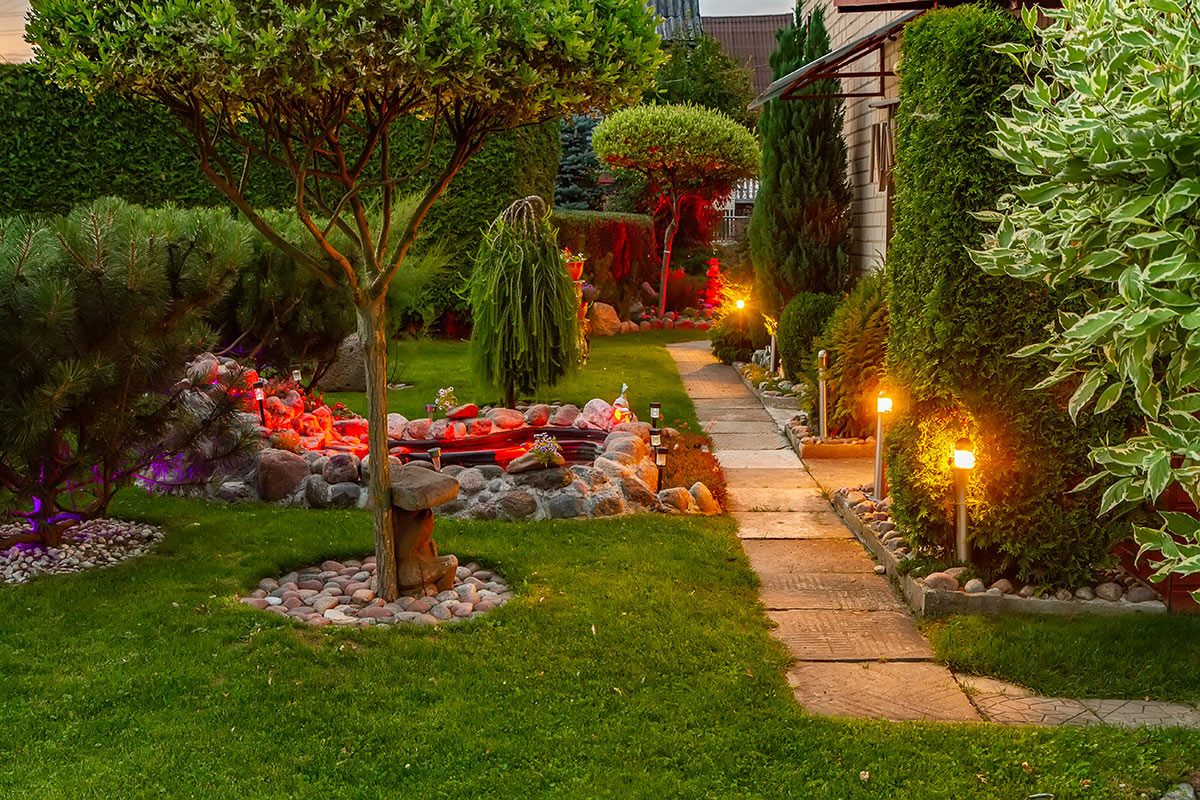 Bellissimo giardino illuminato con faretti pianti per terra.