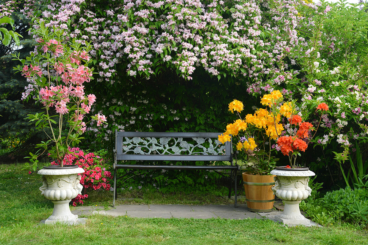 Angolo panchina in giardino con decorazioni in fiore.