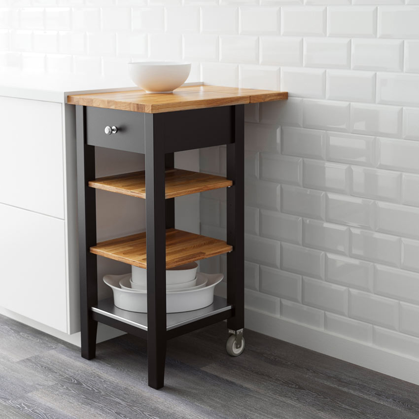 Carrello IKEA per la cucina nero con top e mensoline legno modello STENSTORP.