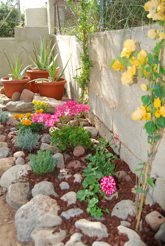 Aiuola vicino muro in lunghezza realizzata con sassi naturali e fiori.