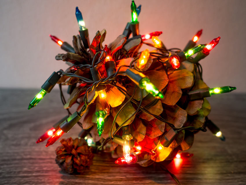 Pigna di Natale decorata con luci a LED