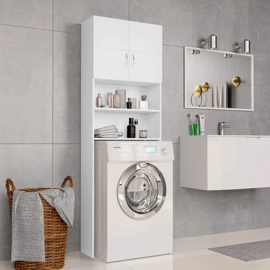Wakects Mobile Salvaspazio per Lavatrice, Armadio con Ante e 3 Scomparti, Scaffale sopra Lavatrice e WC, Truciolato, Bianco, 64 x 25,5 x 190 cm