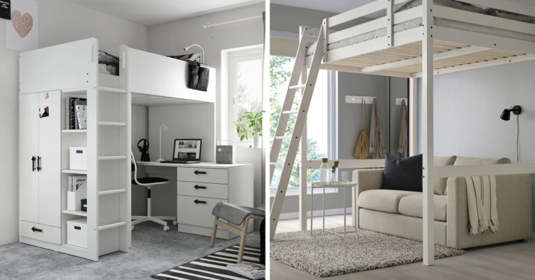 Letto A Soppalco MSMOK 90x200 Cm Con Recinzione Sicura, Armadio E Scaffali – Legno Massiccio, Multifunzione, Spazio Di Gioco Sotto, Per Bambini E Ragazzi