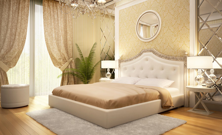 Camera da letto decorata con tende color tortora, tappeto grigio.