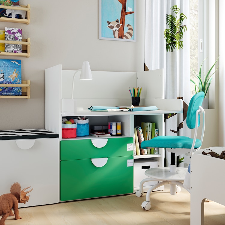 SMÅSTAD Scrivania, bianco verde/con 2 cassetti, 90x79x100 cm