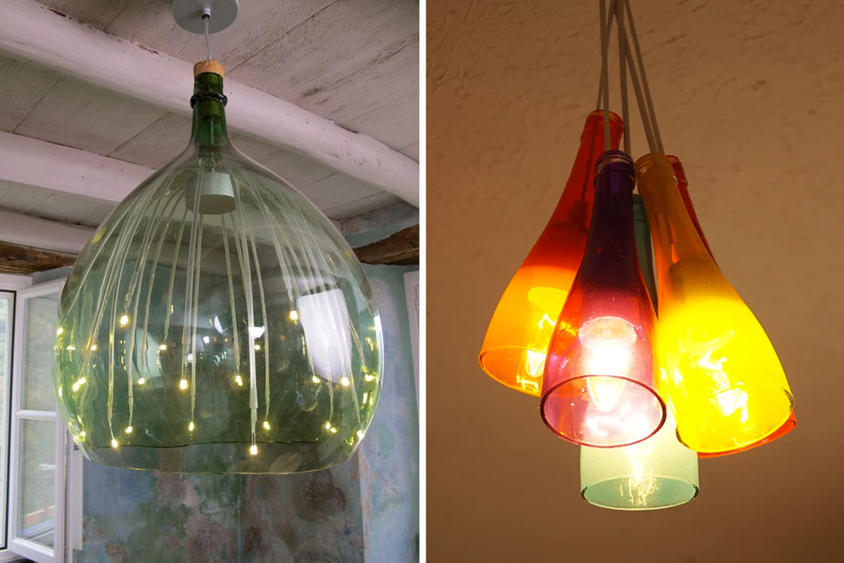 Riciclo creativo bottiglie di vetro in lampadari.