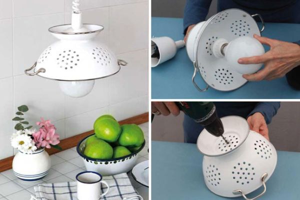 DIY Pendant Lamp of Enameled Colander