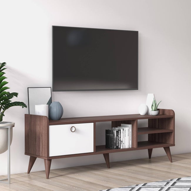 Mobile da soggiorno porta TV con un'anta a ribalta e scomparti, cm 140 x 35 x 49, colore noce con dettaglio bianco - 1