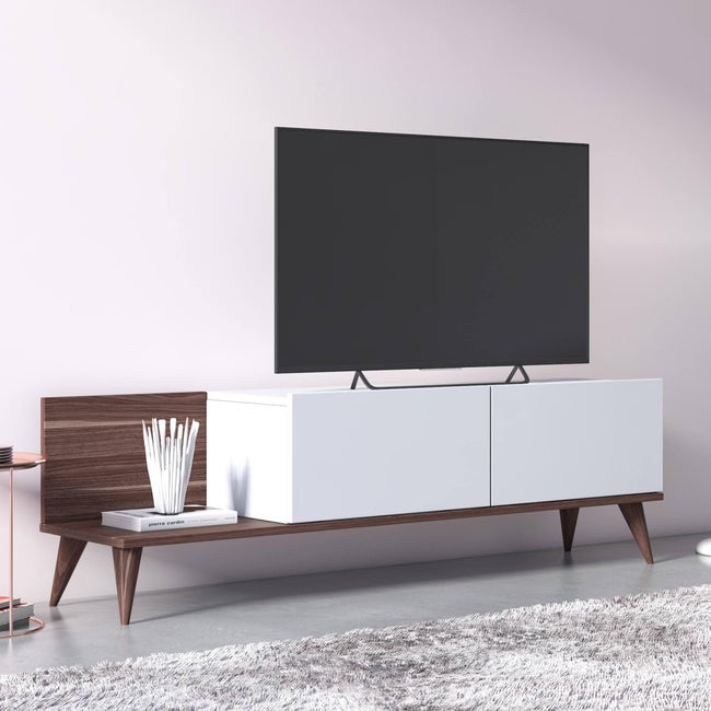 Mobile da soggiorno porta TV con due ante a ribalta, cm 152 x 35 x 43, colore noce e bianco - 1