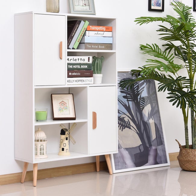 Homcom Libreria Scaffale Multifunzionale Salvaspazio Con 2 Porte Da Soggiorno Pannelli Particelle 80 X 23.5 X 123cm Bianco - 2