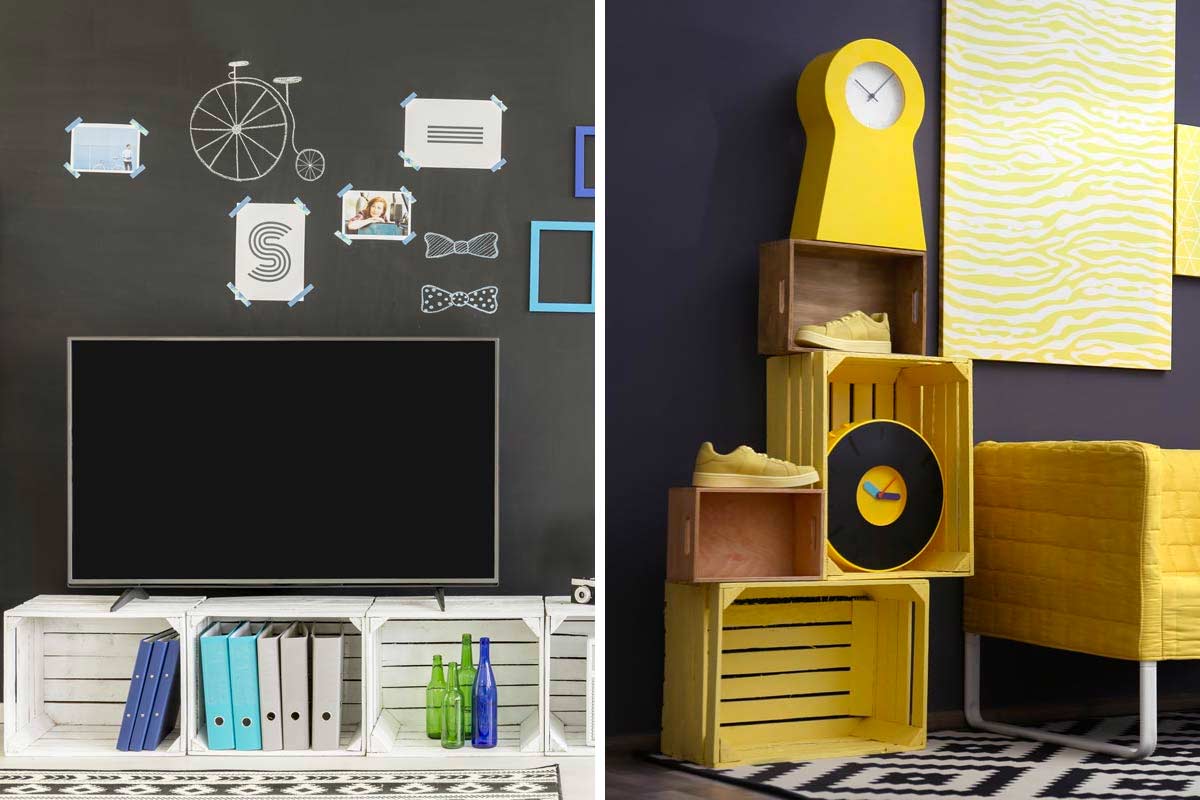 Arredare il soggiorno con le cassette di legno.