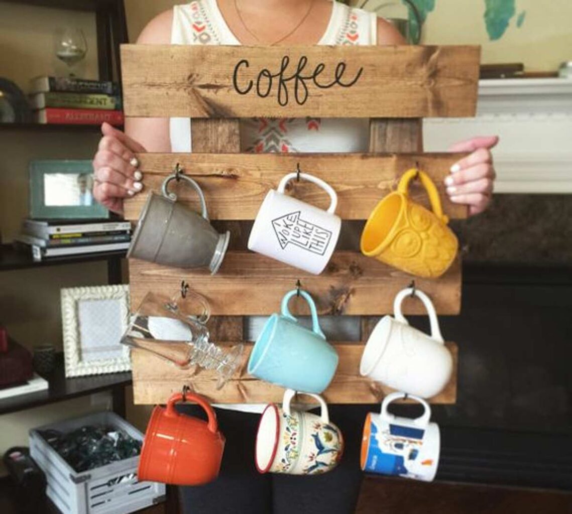 Porta tazze in legno con 6 ganci - Porta tazze da caffè a forma di
