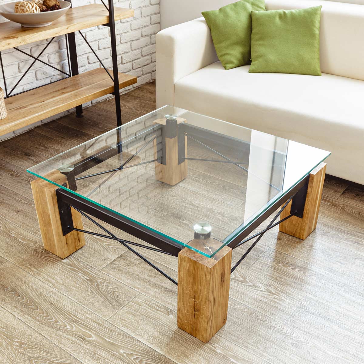 tavolino da salotto moderno in vetro e legno