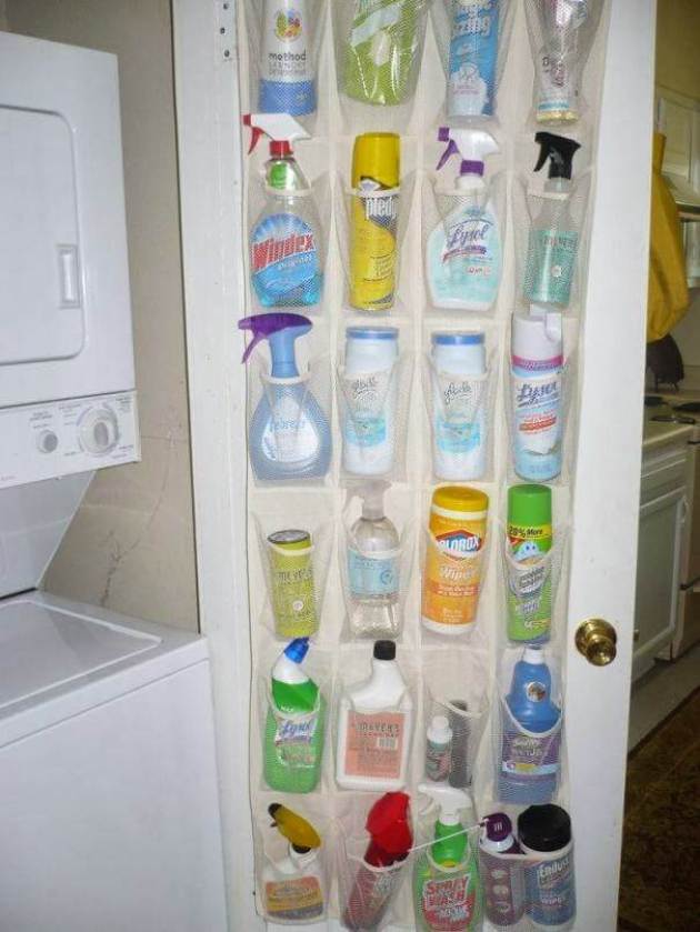 Storage Ideas for Small Spaces - Fill a Shoe Organizer with Cleaning Supplies - Cabritonyc.com