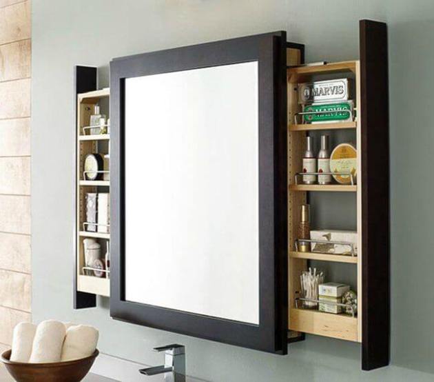Storage Ideas for Small Spaces - Sliding Shelves Mounted Behind Bathroom Mirror - Cabritonyc.com