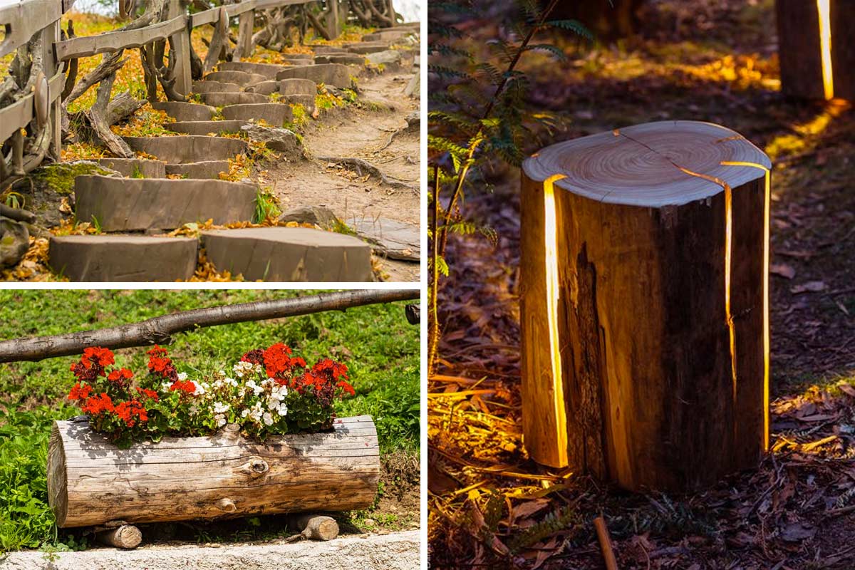 Arredare il giardino con i tronchi di legno.