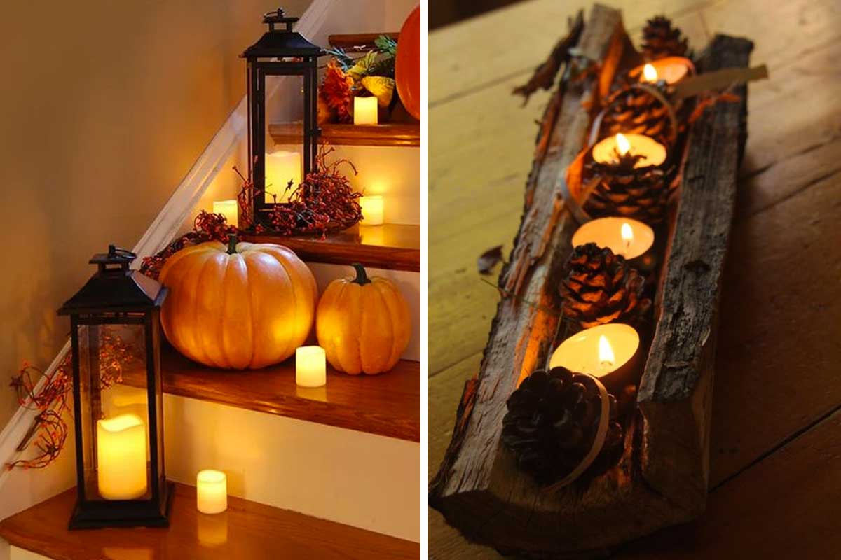 decorazioni autunnali tronchi pigne candele