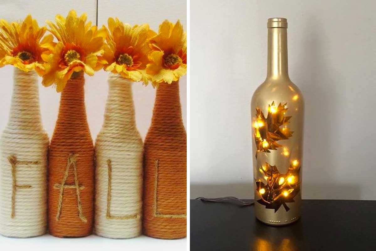 Riciclare e decorare con una bottiglia di vetro in autunno.