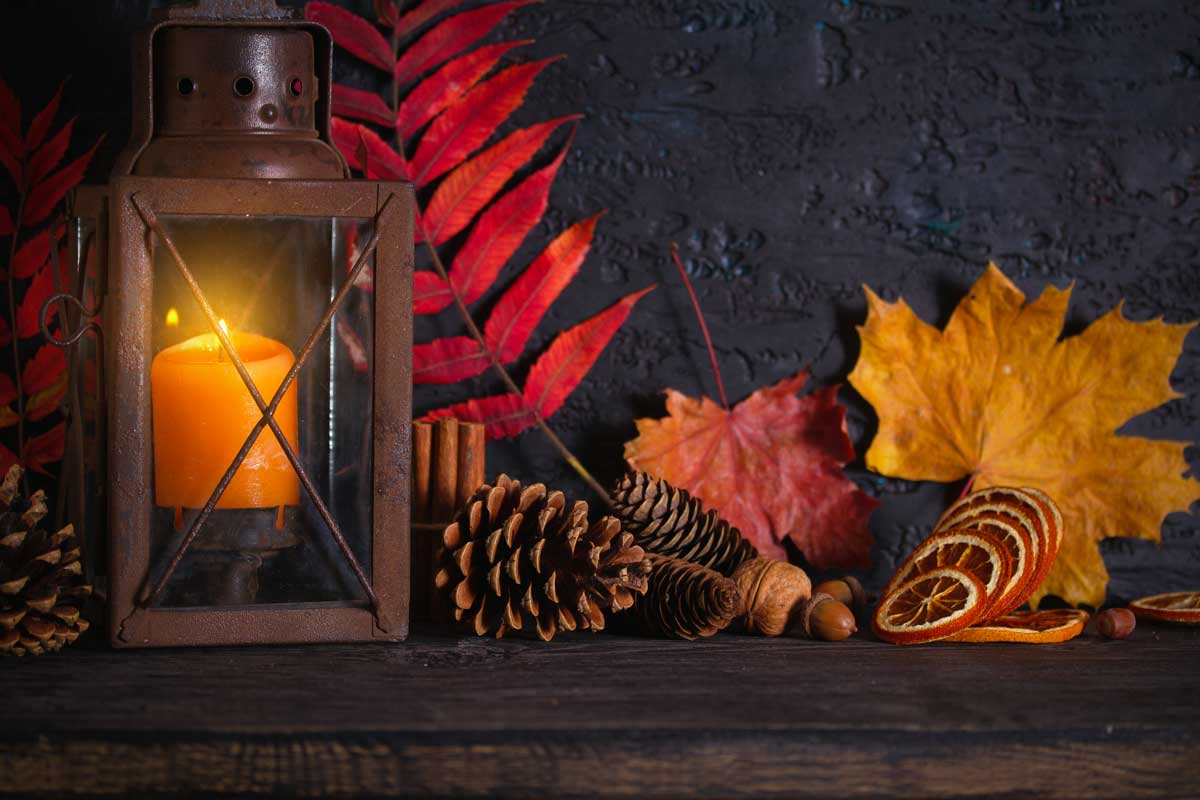 composizione autunnale con una lanterna, foglie e pigne