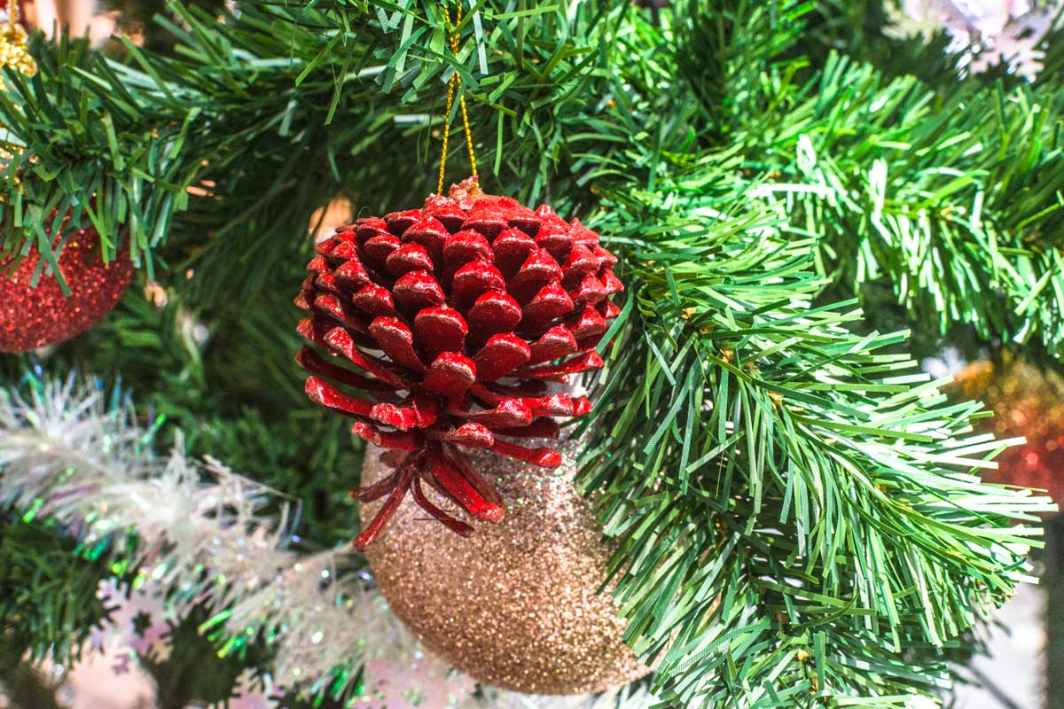 pigna dipinta di rosso per addobbare l'albero