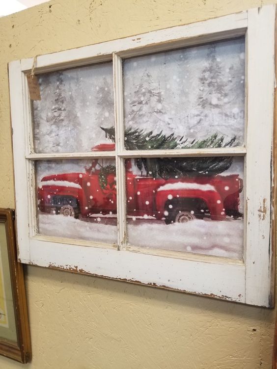 Quadro natalizio con vecchia finestra riciclata.