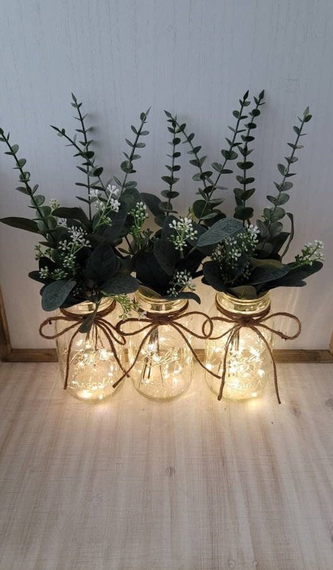 Barattoli natalizi con luci e piante decorative.