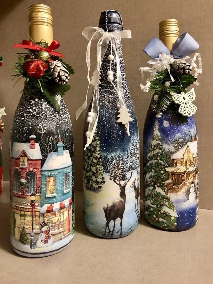 decorare bottiglia di vino con decoupage come regalo di natale