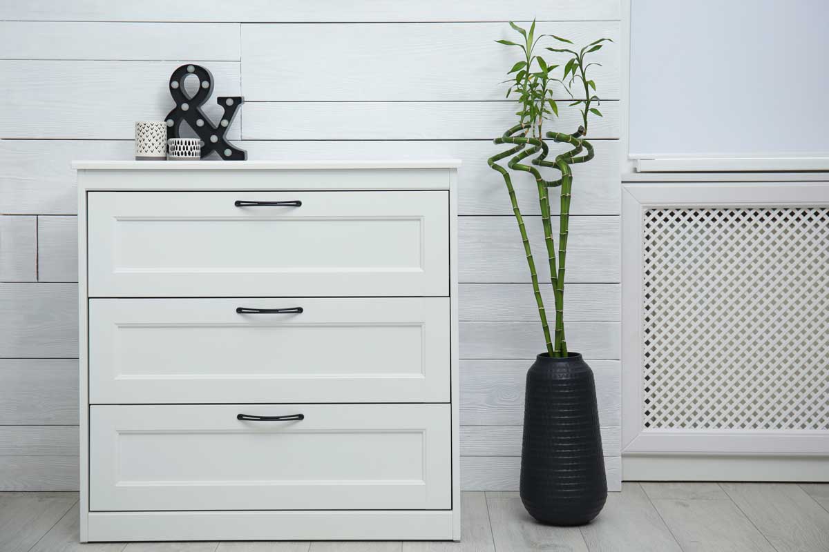 Decorazione shabby con comodino bianco e vaso nero con bamboo della fortuna.