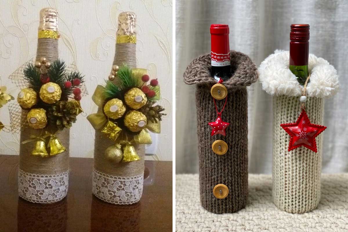 Idee per confezionare bottiglie di vino come regali di Natale.