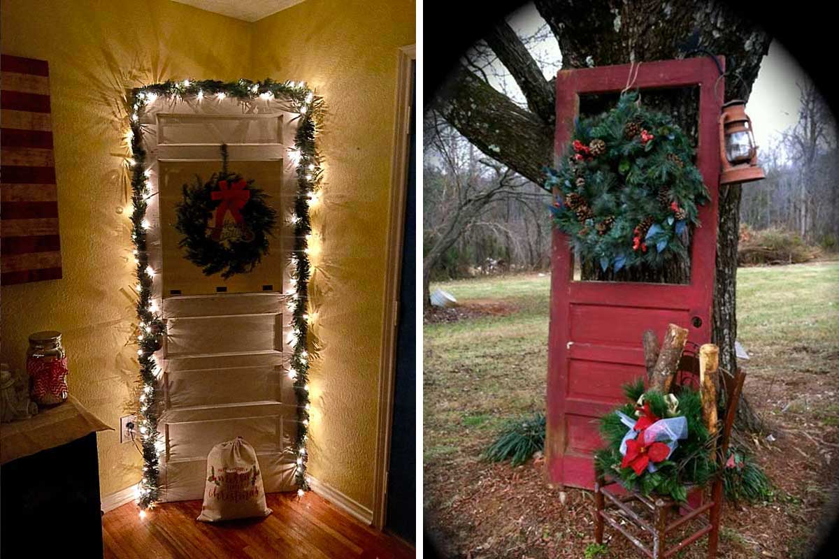 decorazione natalizia con vecchia porta