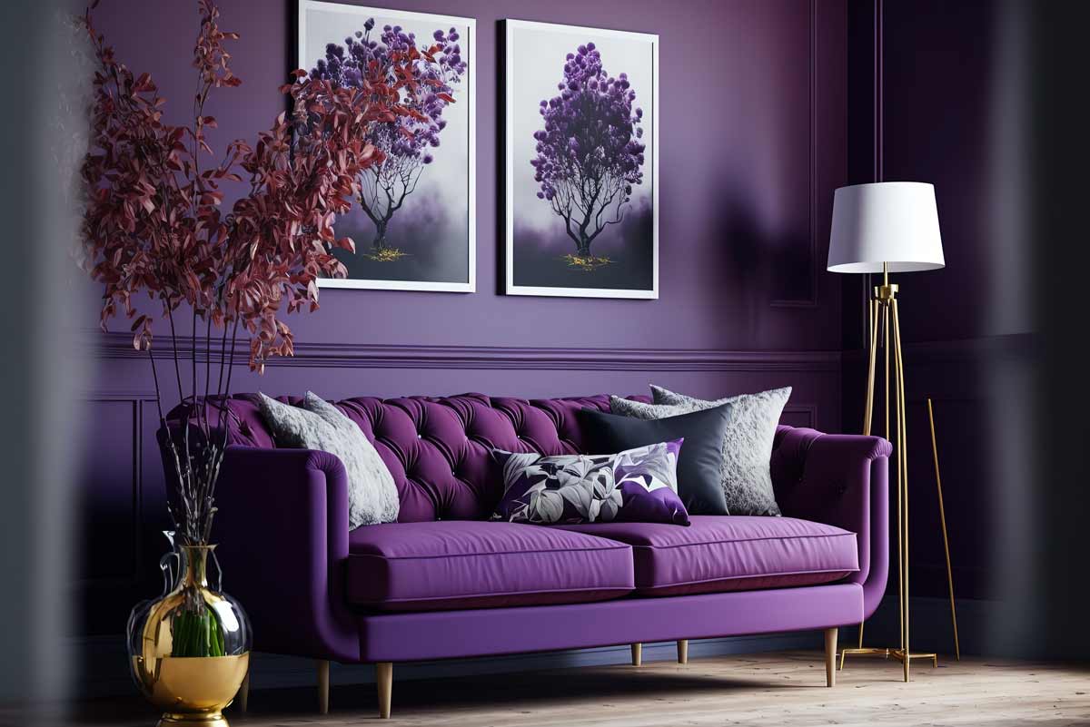 parete color melanzana con divano dello stesso colore ma più chiaro