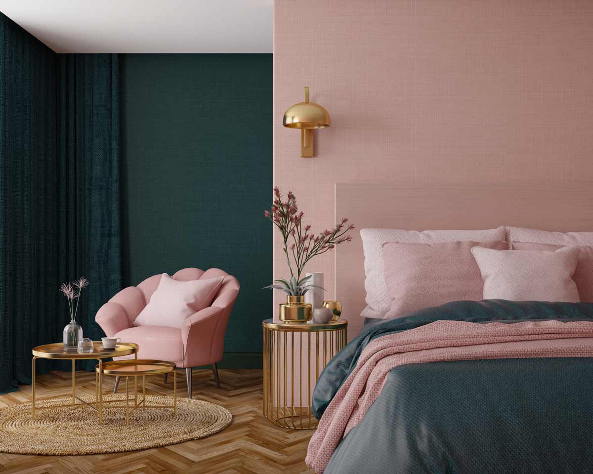 Dipingere la camera da letto in due colori verde e rosa.