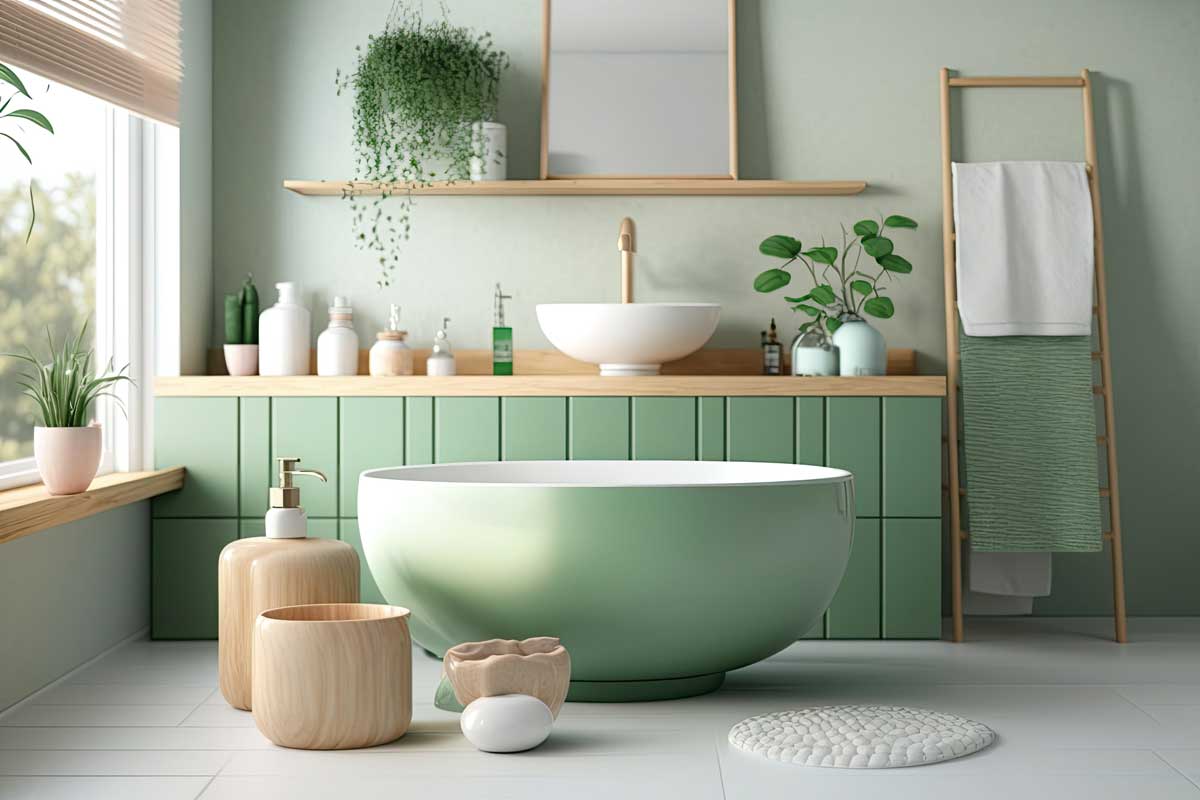 Bagni colorati moderni verde pastello, bianco e legno chiaro