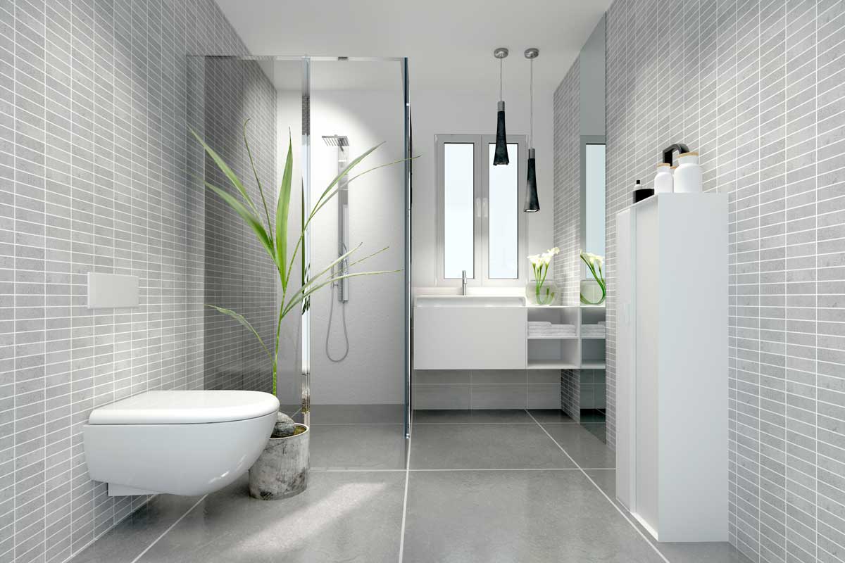 Bagno moderno con doccia mosaico.