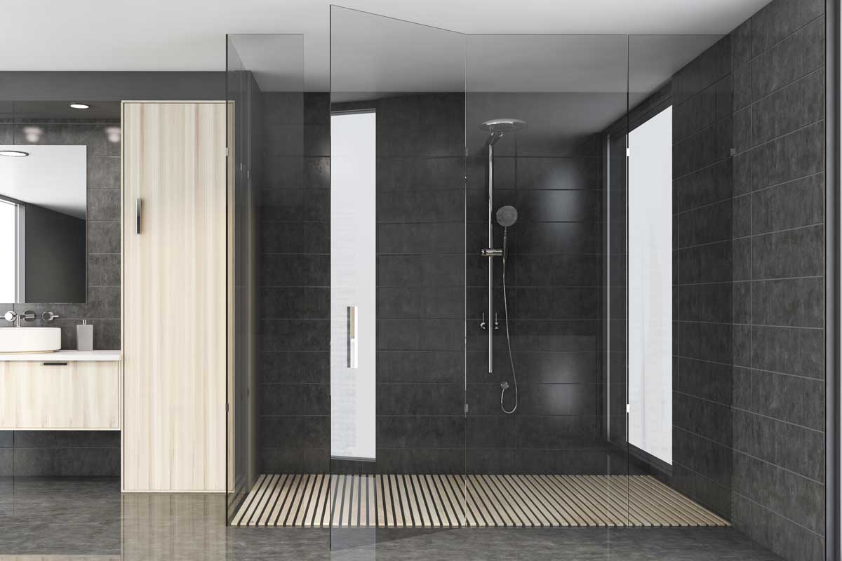 bagno moderno con doccia walk-in nero