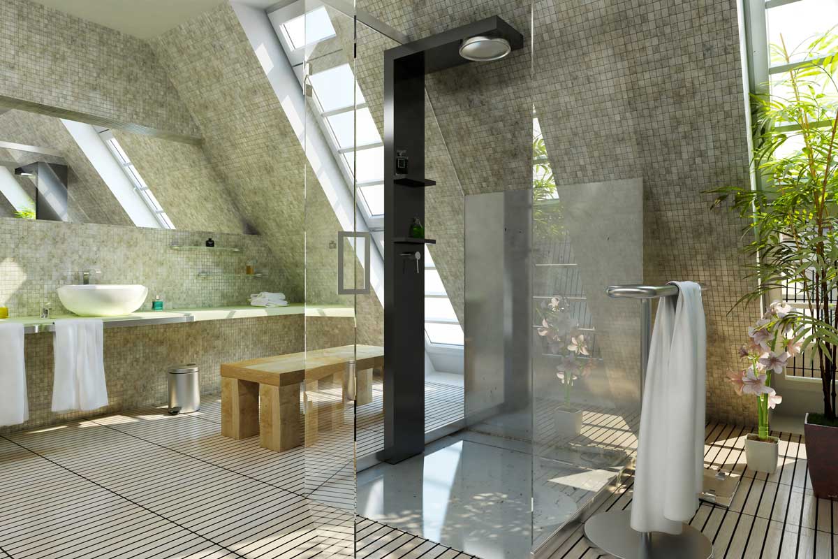 Bagno moderno con colonna doccia.