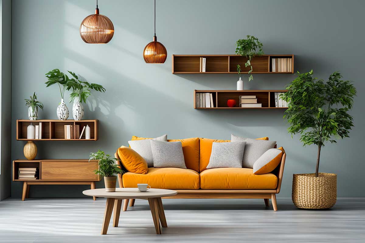 soggiorno con divano arancione e tavolino in legno
